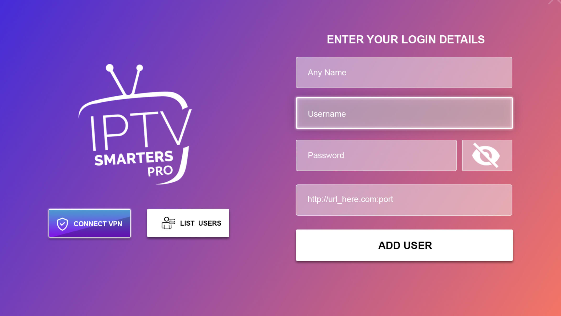 Click Add User on IPTV Smarters Pro 